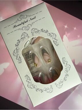 French Manicure Nail, Medium Almond Shape, Chrome Metal Stripe Decor